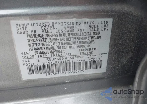 2021 Nissan Sentra Sr Xtronic Cvt из США, поврежденный, VIN 3N1AB8DVXMY250475